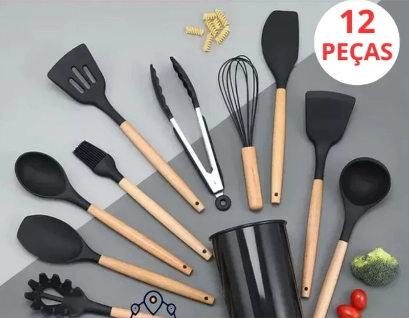 KIT de Cozinha Conjunto com 12 peças Jogo de Utensilios Culinários Cabo de Madeira Antiaderente