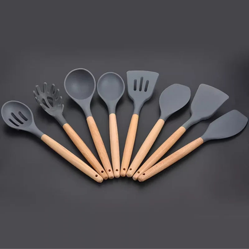 KIT de Cozinha Conjunto com 12 peças Jogo de Utensilios Culinários Cabo de Madeira Antiaderente